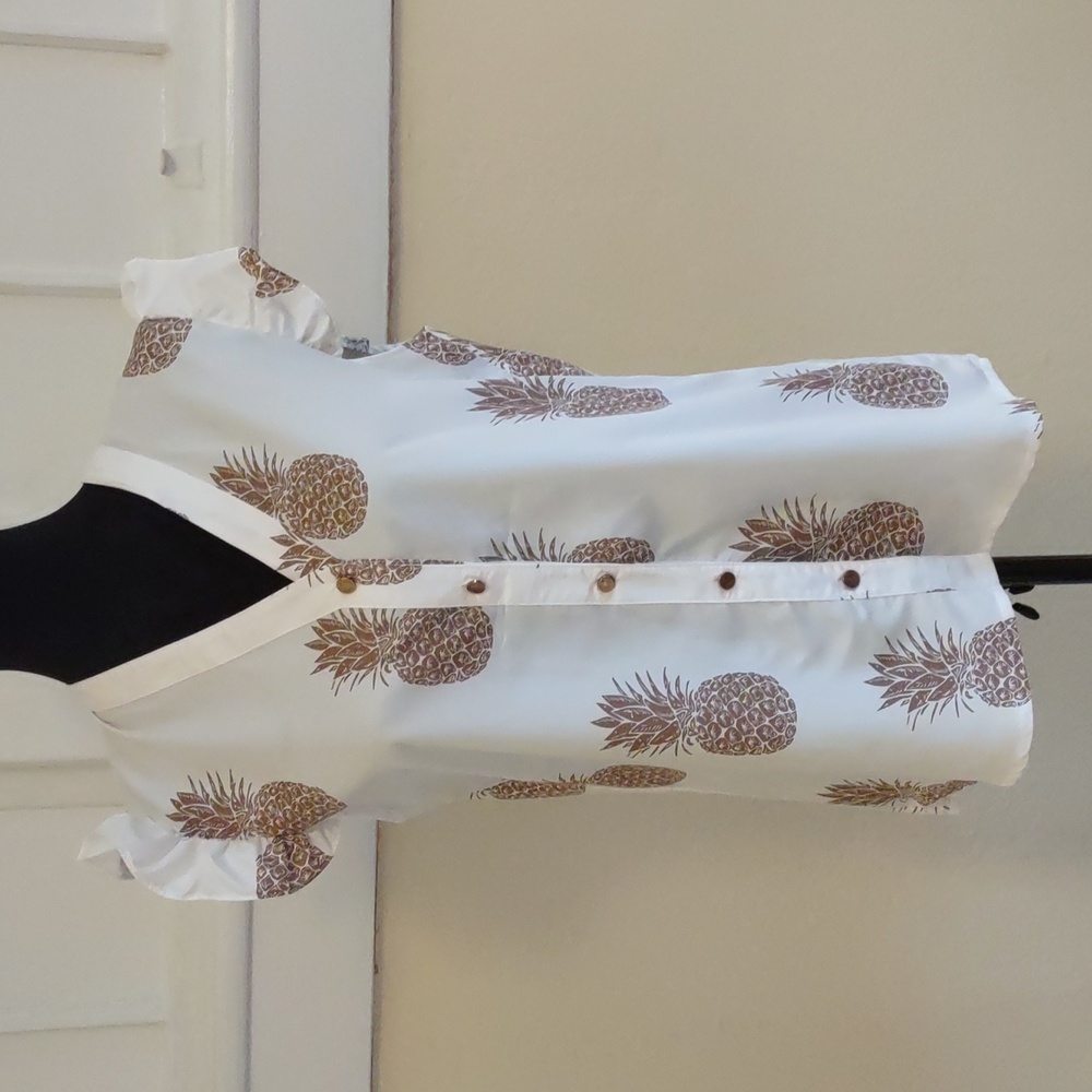 White Button Down Shirt with Notched Collar and Ruffled Details